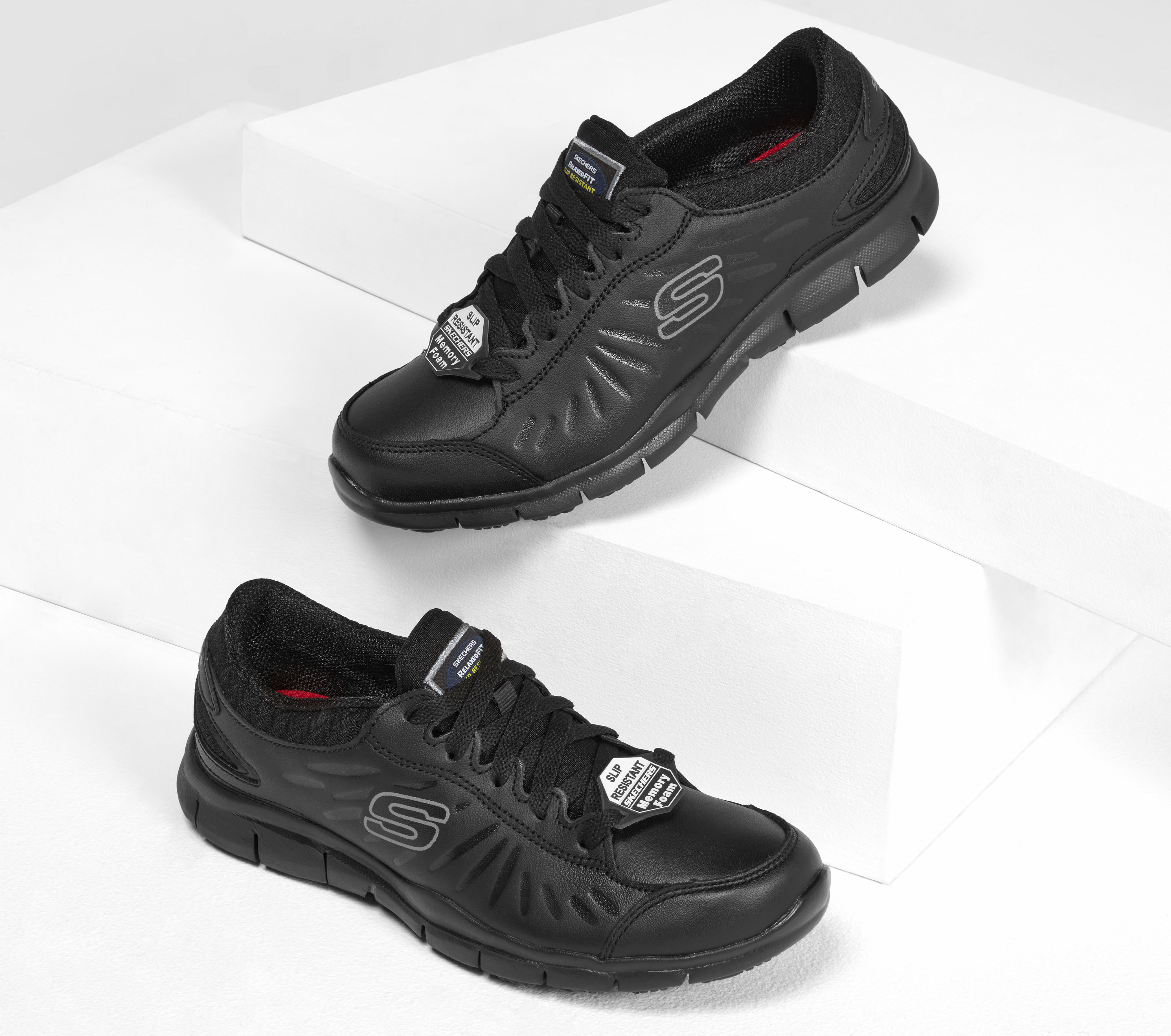 skechers black leather tennis shoes