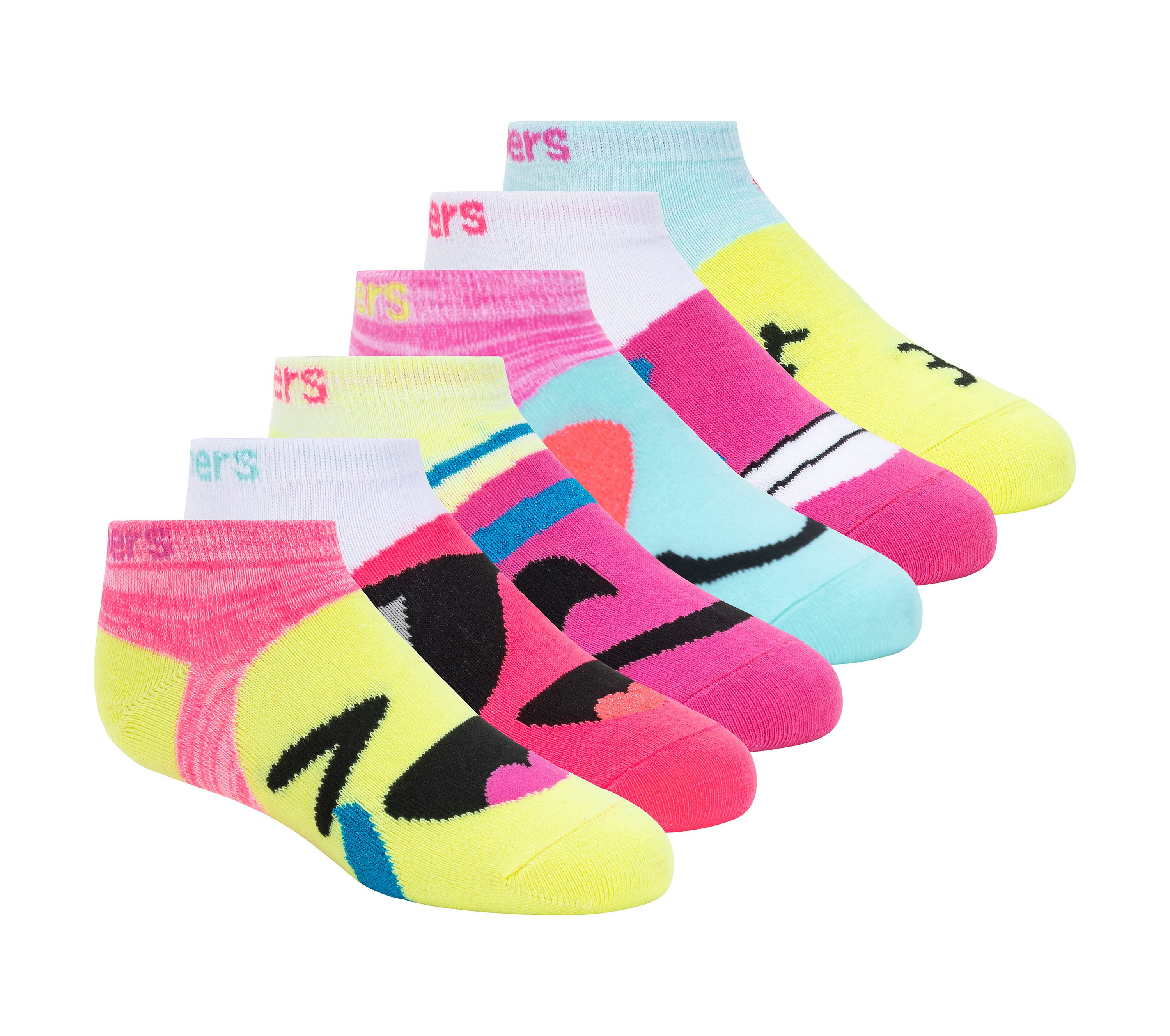 Skechers Girls' 6 Pack Low Cut Socks, Multi, 5-6.5 